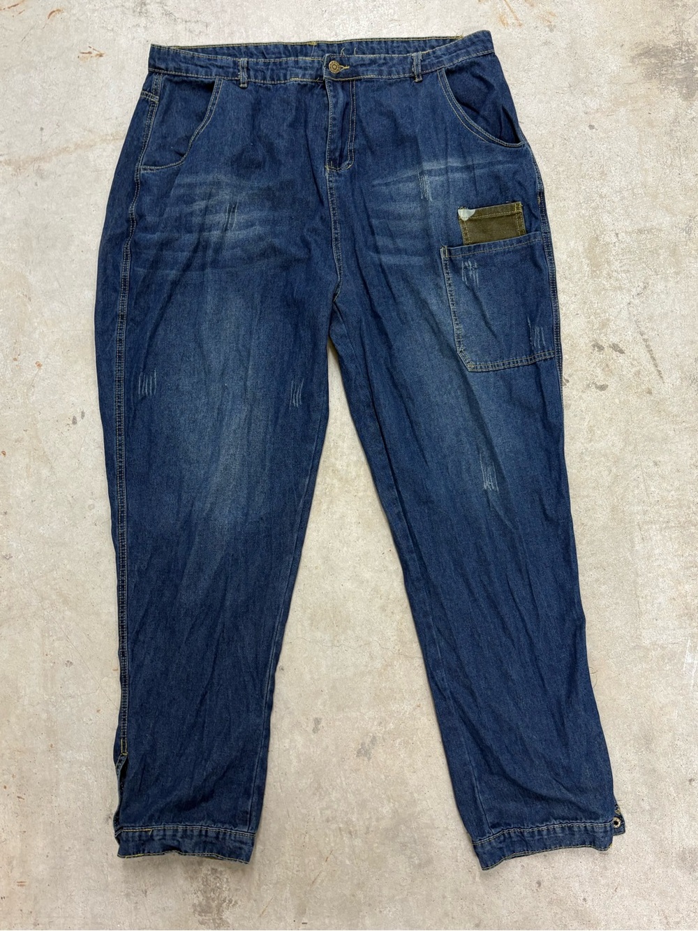 Women's Blue Denim Carpenter Pants Tapered Leg Contrast Pocket Button Cuffs 2XL